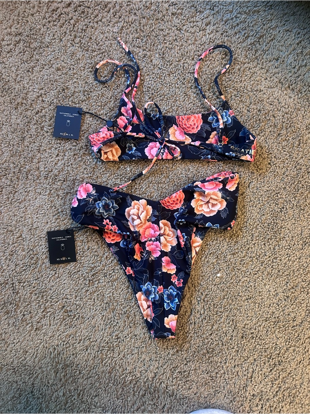 Skatie Floral Navy Bikini Set with Pink, Peach & Blue Flowers